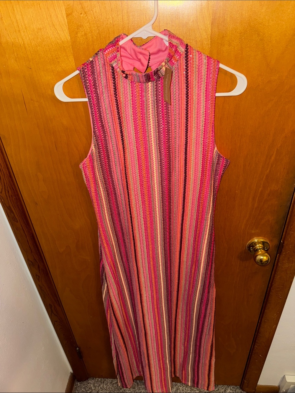 Vestique Sleeveless Pink Multi-Stripe Maxi Dress